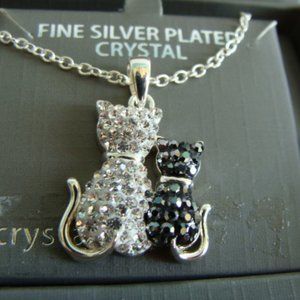 silver plated crystal cats necklace